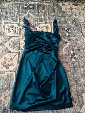 Windsor Satin Square-Neck Teal Bodycon Dress